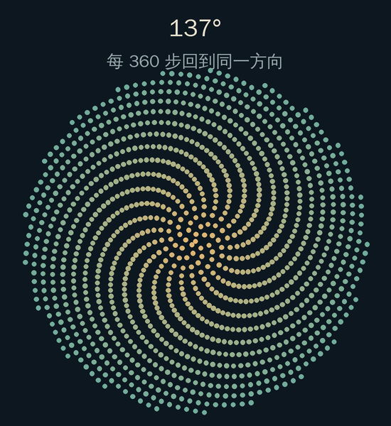 137度：1200个点排出弯曲的螺旋纹路，每360步回到同一方向。
